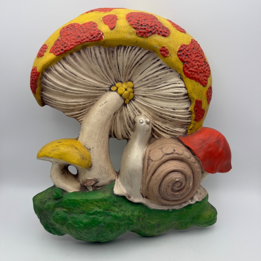 Vintage Ceramic Mushroom Snail Wall Plaque Hanging Yellow Red Hand Painted 1975